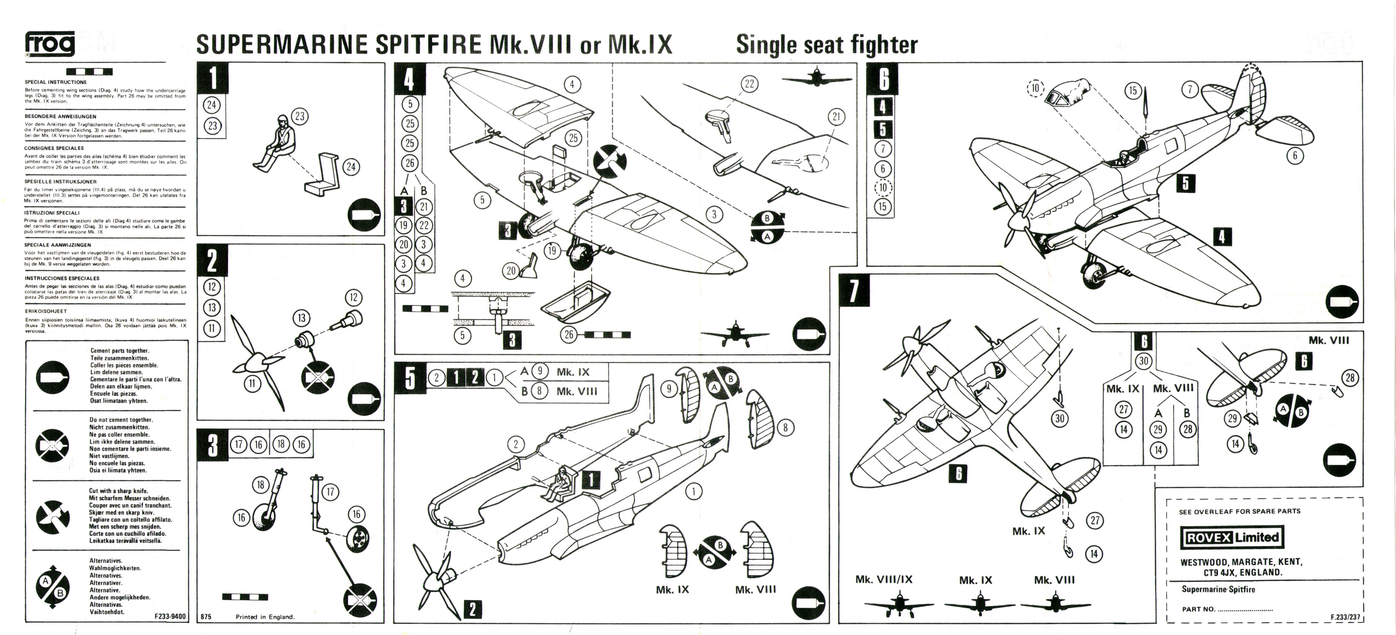 FROG Black series F233 Supermarine Spitfire F.Mk.8/9, Rovex Models & Hobbies, 1976 буклет инструкции